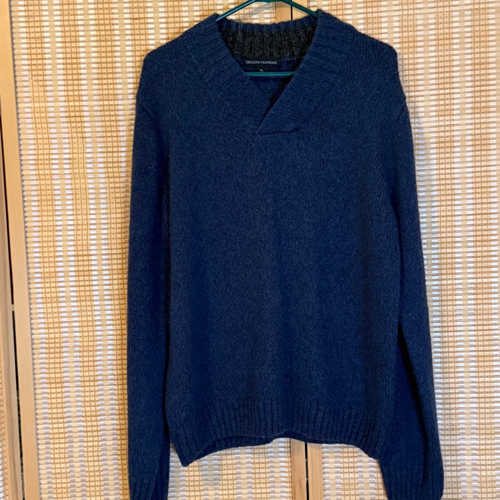 Tricots St Raphael Mens XL Navy Blue Shawl V-Neck Knit Acrylic Sweater Preppy